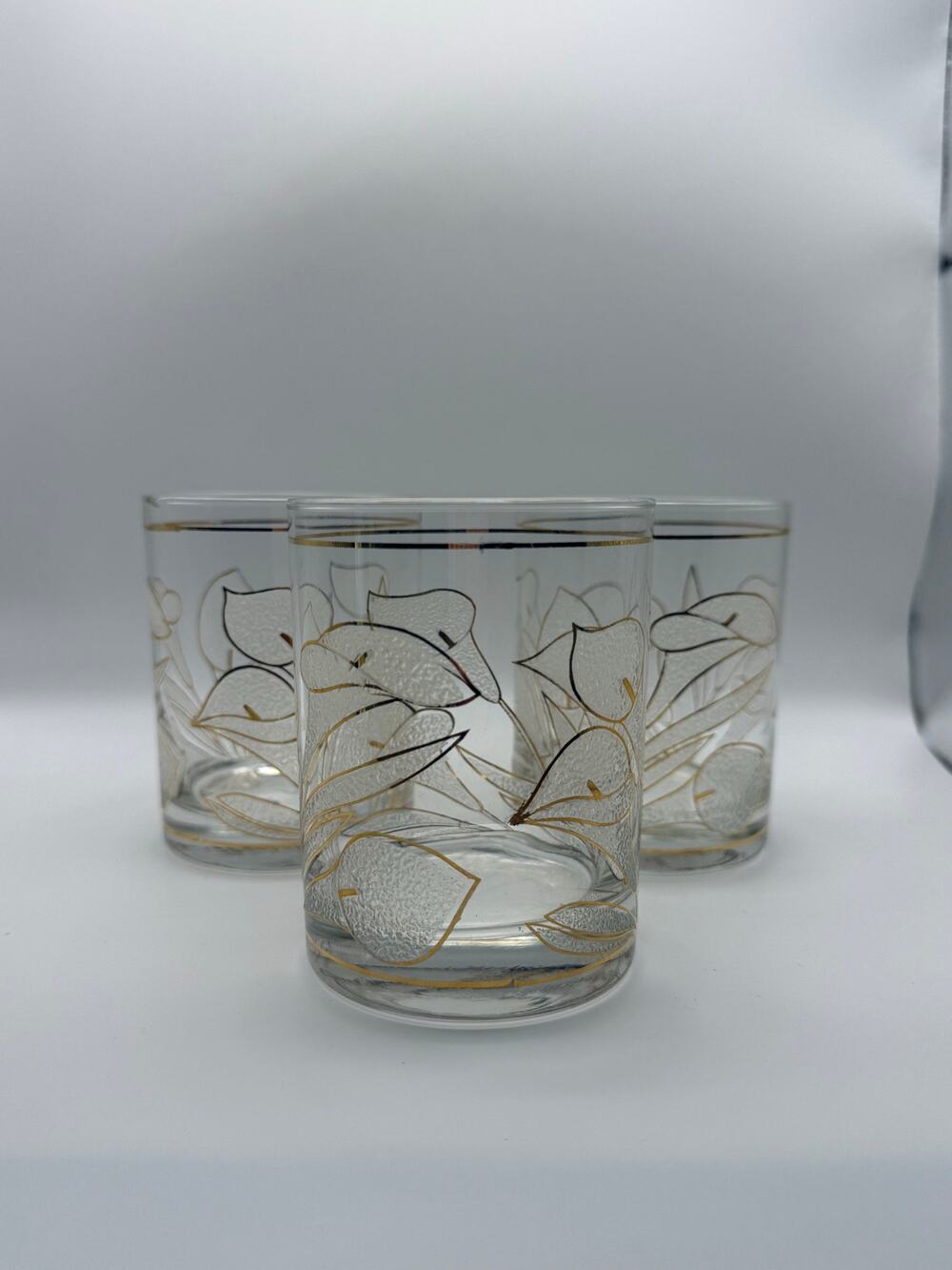 Vintage Culver Calla Lily Gold Frosted Rocks Glasses Lowball Set of 3